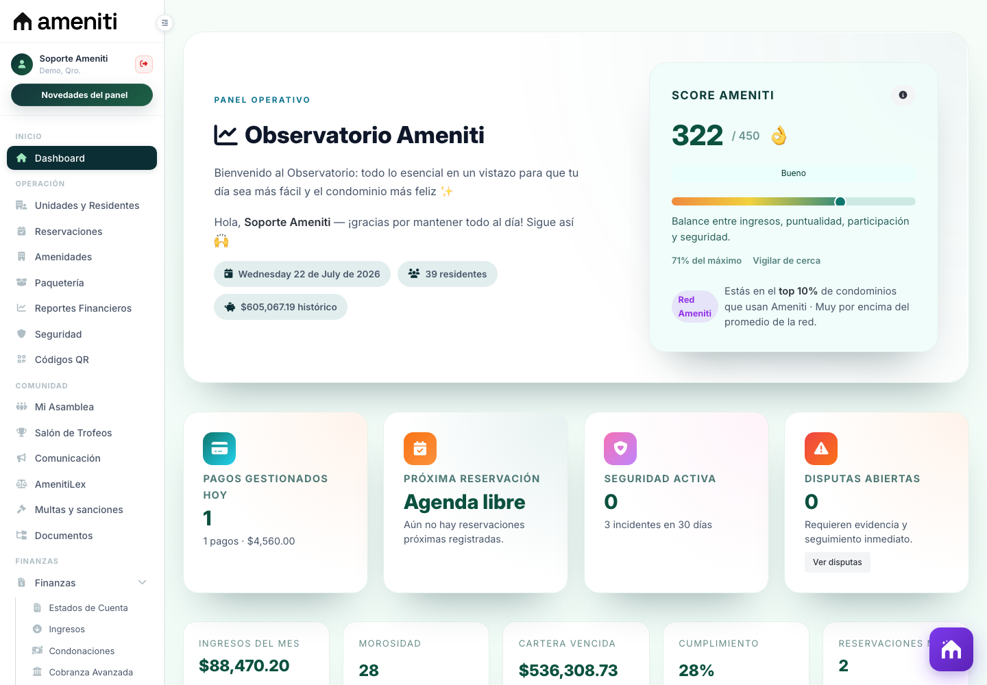Panel de administración de Ameniti con operación, cobranza y seguridad