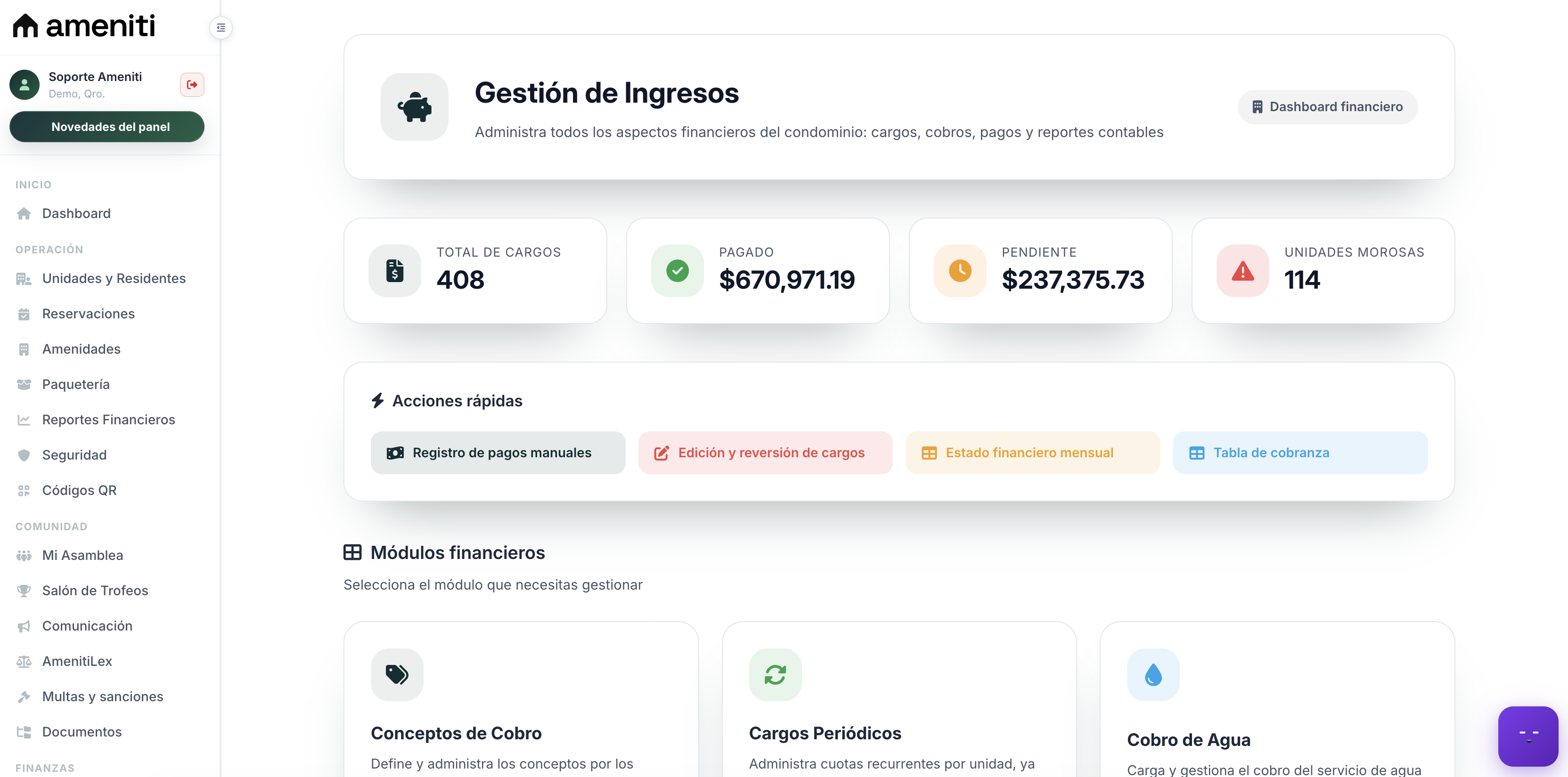 Panel de gestión de ingresos y cobranza condominal en Ameniti