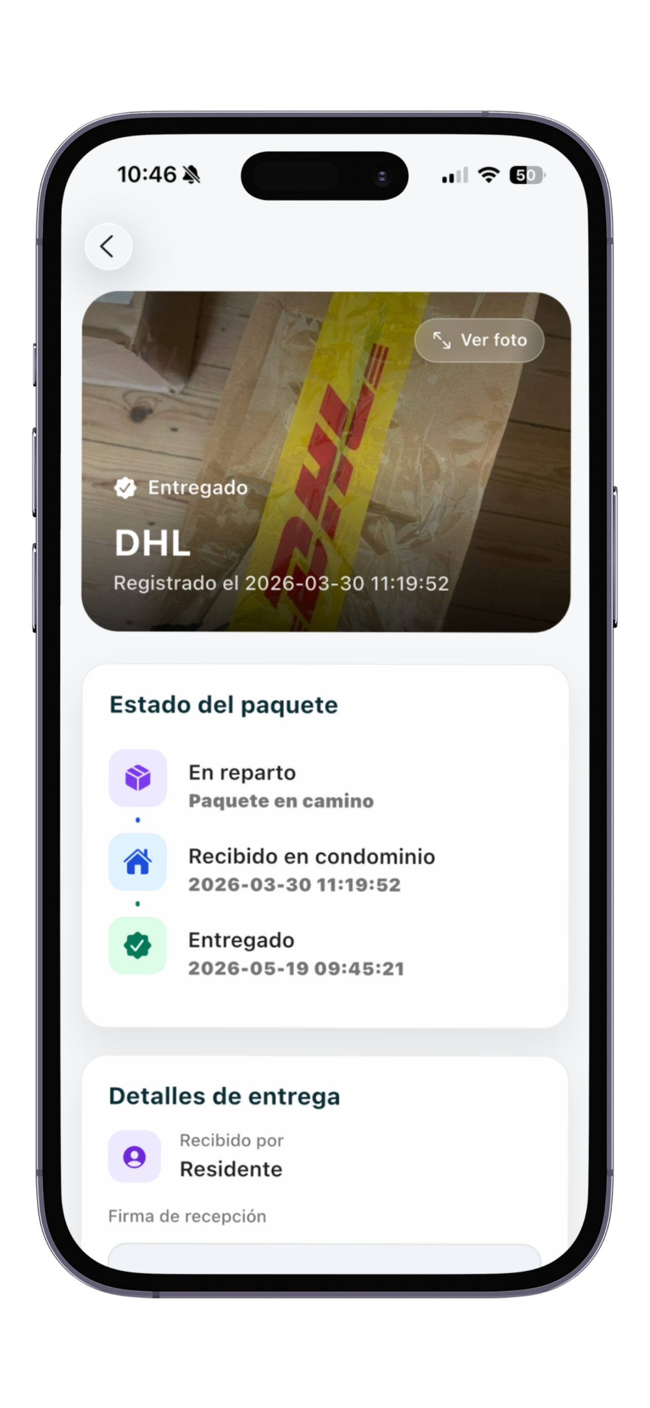 Confirmación de entrega de un paquete en Ameniti
